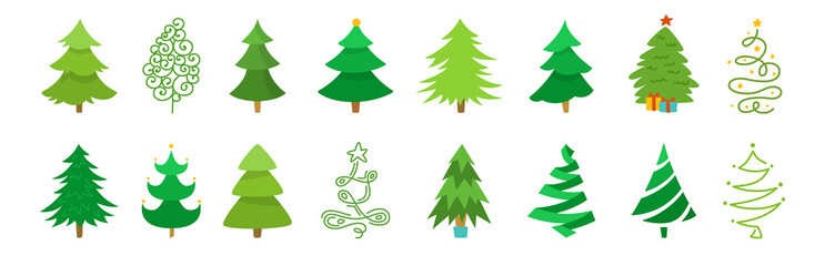 Christmas tree cartoon set. Hand drawing green xmas trees collection. New Year traditional design. Stylized symbol for holiday flat vector illustration