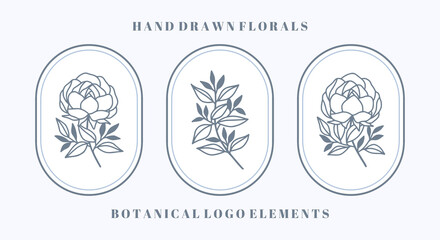 Set of blue botanical peony flower and leaf element for feminine beauty logo and brand © Artflorara