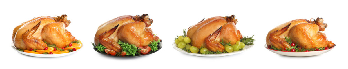 Collection of cooked turkey with different garnishes on white background. Banner design