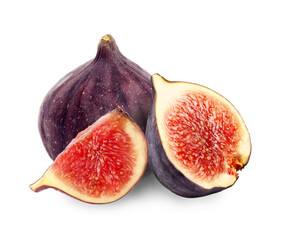 Cut and whole fresh figs on white background