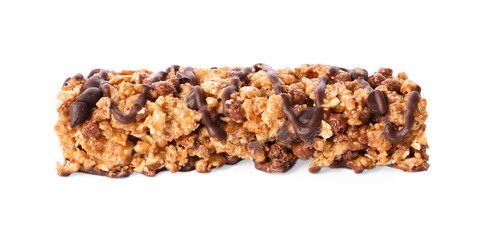 Crunchy granola bar with chocolate on white background