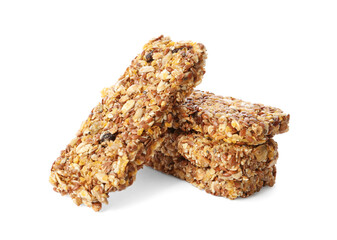 Crunchy granola bars on white background. Healthy snack