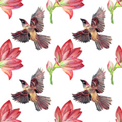 Seamless pattern with watercolor pink flower and bird sparrow on white. Creative nature realistic background for card, wallpaper, textile, wrapping, florist, celebration, wedding