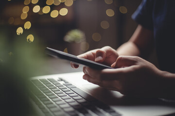 Close up shot of hands using smart phone typing message for searching with laptop on glow bokeh background.