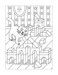 Coloring page with playful cat, buildig blocks objects, home interior
