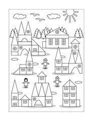 Coloring page with toy town in daylight, built of various building blocks and miniatures
