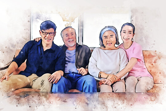 Abstract colorful happiness Asia family sitting at sofa on watercolor illustration painting background.