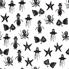 Vector black and white aquatic anthropomorphic characters seamless pattern background