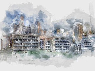 Abstract offices Building in the city on watercolor painting background......