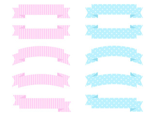 Cute ribbon banner set with patterns of stripes and dots. Vector illustration.