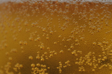 Wet glass of beer, golden color in the dark - obrazy, fototapety, plakaty