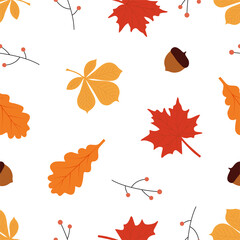 Seamless pattern with acorns and leaves. 