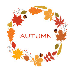 Autumn wreath of leaves, branches and acorns. 