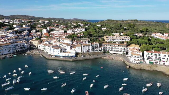 Picturesque aerial view of Mediterranean coastal town and resort of Cadaques in Catalonia, Spain