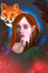 An illustration with a female elf of the forest with a beautiful fox in the background.