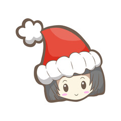 Cute cartoon Christmas girl with red hat, icon emoji element on white silhouette. Decoration for logo, card and any design. Vector illustration about holiday.