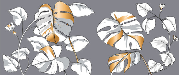 Floral seamless white and gray with golden metallic monstera plant background vector for house deco © babeer