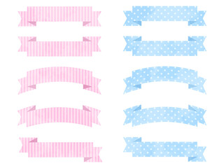 Watercolor textured ribbon banner set with patterns of stripes and dots. Vector illustration.