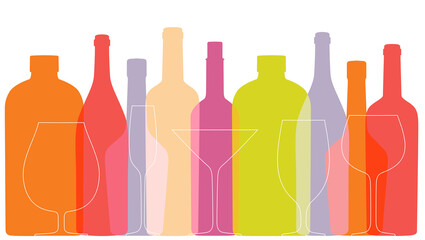 Outline wine bottles and glasses on white background. Color background with contour bottles and glasses. Silhouettes in overprint style. Vector template for menu, festival, banner.