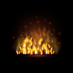 Fire on a black background. Barbecue flame. Fire for the fireplace. Hot wallpaper. Vector illustration. Stock image.
