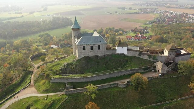 View from drone of Czech medieval Kunetice Mountain Castle