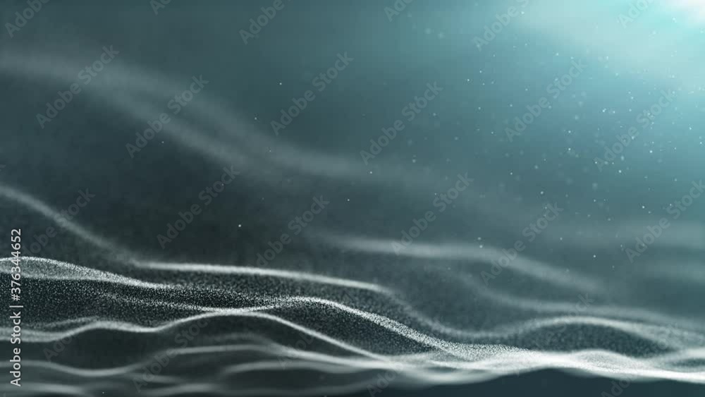 Poster dark light monochromatic green blue particle form abstract animation background with falling and fli