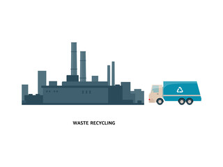 Naklejka premium Vector illustration of a garbage recycling plant and a garbage truck.