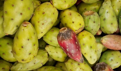 Cactus Pear fruit from the Prickly Pear cactus. While not actually fruit, these growths resemble pears and are edible and have a sweet taste.