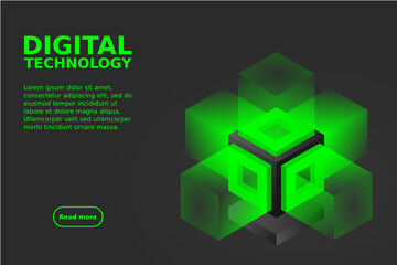 Server. Digital space. Data storage. Data center. Big Date. Conceptual illustration, data flow. Isometric vector illustration. 3D