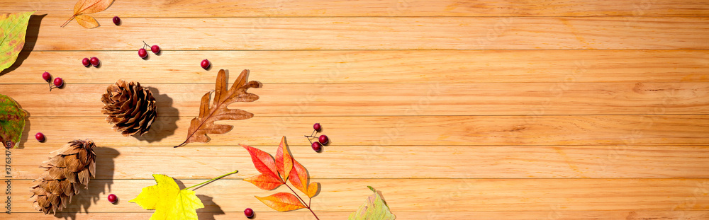 Poster Colorful autumn leaves with pinecones overhead view - flat lay