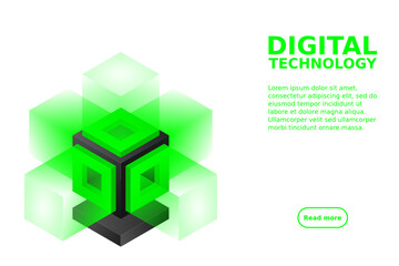 Server. Digital space. Data storage. Data center. Big Date. Conceptual illustration, data flow. Isometric vector illustration. 3D