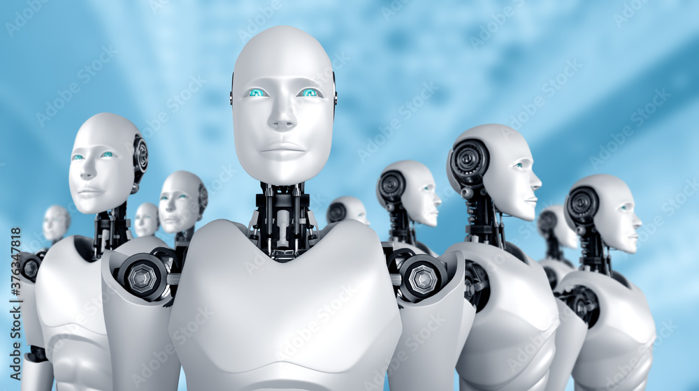 Poster 3d illustration of robot humanoid group in concept of future artificial intelligence and 4th fourth 