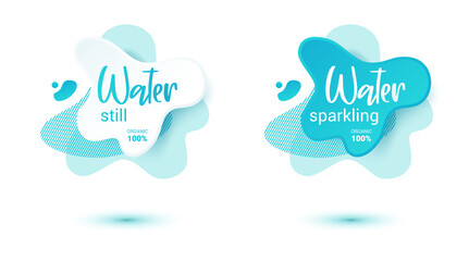Mineral water tag. Blue label and stikers emblem with drops of water for web and print tag.Still and sparkling water label set. Vector illustration for you design.