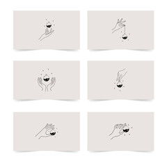 Magical business card. The reverse side. Magic and esoteric. Tarot vector illustration in boho style with linear hands, mystic potions and stars. Witchcraft concept for tarot readers.