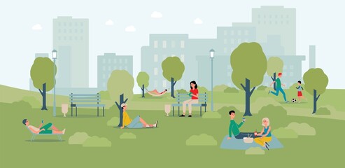 City park landscape banner with cartoon people relaxing outdoors