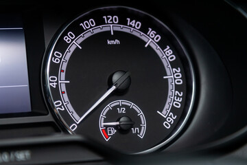 sign and symbol on car dashboard. Car speedometer   closeup. Car interior..
