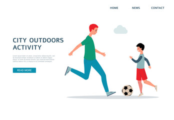 Father and son playing football - family website banner template
