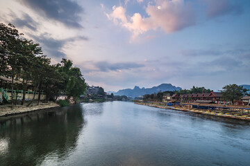 Fototapeta na wymiar Sunrise on the Song River, Vang Vieng, Vientiane, Laos