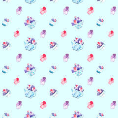 Cute little flowers and tea pots watercolor background. Pink and blue seamless pattern. Art nature wallpaper. 