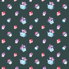Tea of Flowers watercolor seamless pattern. Art handdrawn dark cute background. 