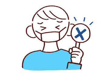 右手に不正解札を持つマスク姿の男性