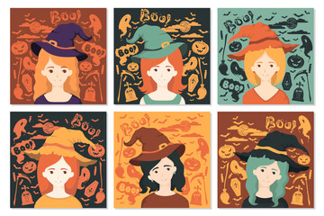 Set of Happy Halloween cards with witches in hats and Halloween decoration elements, pumpkins, ghosts. Vector illustration for poster, greeting card, party invitation
