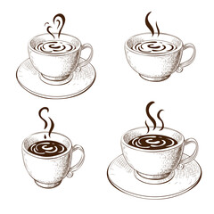hand drawn cups of coffee or tea with saucer isolated on white. variety coffee mugs sketch. Engraved vector illustration of hot beverages in vintage style. warm drinks doodle drawing. for menu design.