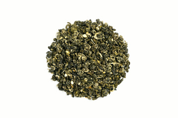 Round pile of dry tea. Chinese green tea with Jasmine flavor. Tea for weight loss