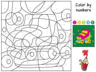 Roller skates. Color by numbers. Coloring book. Educational puzzle game for children. Cartoon vector illustration