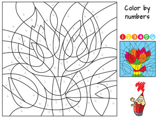 Bouquet of flowers. Color by numbers. Coloring book. Educational puzzle game for children. Cartoon vector illustration