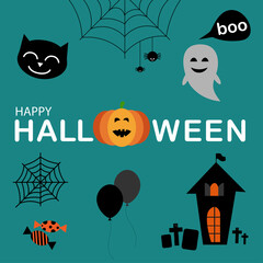 Cute vector set with halloween illustrations and icons set on blue background.