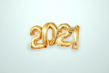 Inscription 2021 gold balloons on a light background, creative background. Happy new year, year of the white bull, flyer, poster. 3D illustration, 3D render.