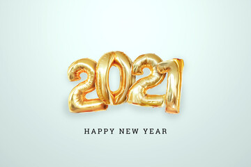 Obraz na płótnie Canvas Inscription 2021 gold balloons on a light background, creative background. Happy new year, year of the white bull, flyer, poster. 3D illustration, 3D render.