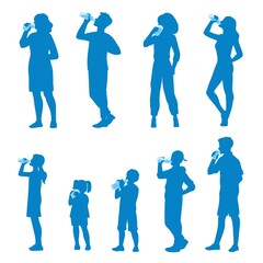 People silhouette drinking water, flat cartoon vector illustration isolated